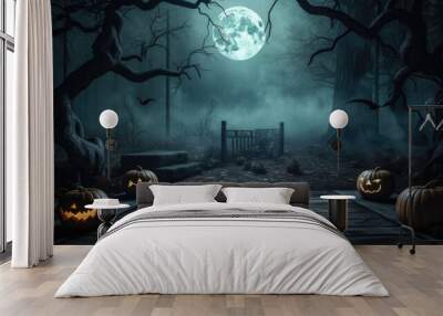 Spooky halloween background with empty wooden planks, dark horror background. Wall mural