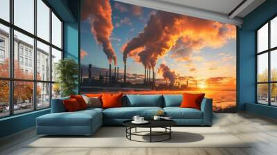 Sunset over Industrial Smokestacks Wall mural