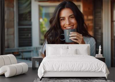 The smiling woman with coffee Wall mural