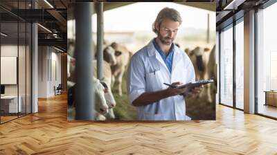 The veterinarian looks at the tablet in front of cows. Created with Generative AI technology. Wall mural