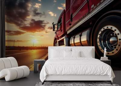 Truck driving on the asphalt road in rural landscape at sunset.Created with Generative AI technology. Wall mural