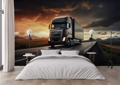 Truck driving on the asphalt road in rural landscape at sunset.Created with Generative AI technology. Wall mural