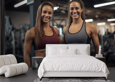 Two athletic young women stand together in the gym. Created with Generative AI technology. Wall mural