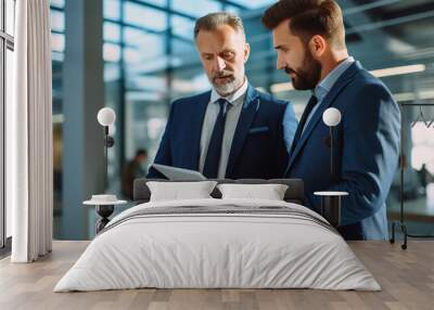 Two businessmen in suits looking at a tablet together in a modern office environment. Wall mural