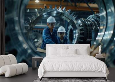 two engineers in safety helmets and blue work clothes are inspecting or discussing a large metallic  Wall mural