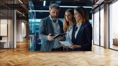 two professionals, a man and a woman, examining a tablet with serious expressions on their faces in  Wall mural