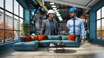 Two professionals in hard hats discuss work on a tablet while walking through an industrial manufacturing facility. Wall mural