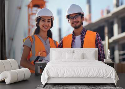 two young construction workers are smiling at the camera Wall mural