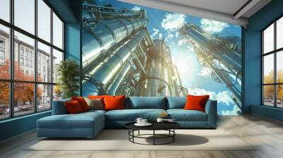 view from the ground up of towering silver industrial distillation columns at a petrochemical plant  Wall mural