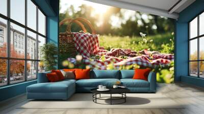 Wicker picnic basket with a red and white checkered cloth on it, set on a grassy field with dappled sunlight filtering through the trees. Wall mural