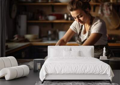 Woman is in the kitchen making pizza dough or bread dough. Wall mural