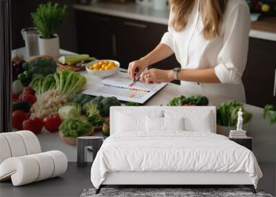 Woman prescribes herself a diet plan with vegetables spread out on the kitchen table. Wall mural