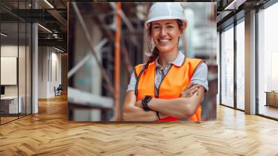 woman with a confident smile is wearing a white hard hat and reflective orange safety vest, standing at a construction site with scaffolding in the background Wall mural