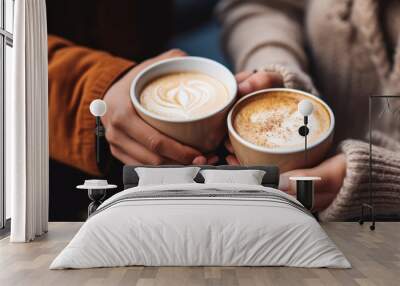 Women's hands in jumpers holding mugs of coffee. Created with Generative AI technology. Wall mural