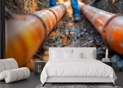 Worker Installing Underground Pipeline Wall mural