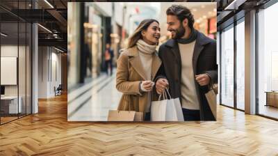 Young couple is shopping at the mall. Created with Generative AI technology. Wall mural