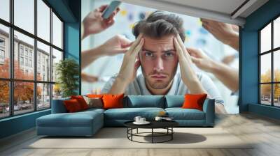 young man looking stressed or overwhelmed, holding his head with his hands while surrounded by other people who are busy with their mobile phones and papers Wall mural