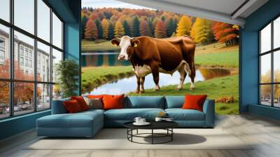 Cow grazing on a green meadow, peacefully eating grass under a clear sky. Wall mural