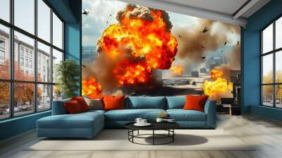 Explosions on a battlefield showing a chaotic scene of fiery blasts and smoke. Ideal for themes of warfare, military action, and intense conflict visuals Wall mural