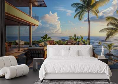 Spacious boho terrace, overlooking the ocean. Perfect for a holiday-themed banner. Holidays, reviews, terrace. Wall mural