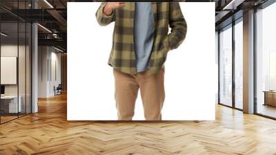 Full body portrait of young indian man with a smart casual look giving a thumbs-up, wearing a plaid shirt and pants, isolated on a transparent background. Design element for banner, social media post Wall mural