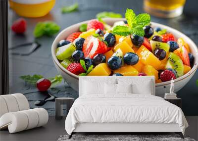 Bowl of fresh fruit salad with mint and honey Wall mural