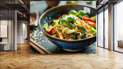 Bowl of vegetable stir-fry with rice noodles Wall mural