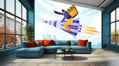 Concept of fastest delivery. Fast as a rocket. Young man, courier, in flat cartoon style, flies on rocket with backpack on his back, above city in clouds. Delivery of food, groceries, household items  Wall mural