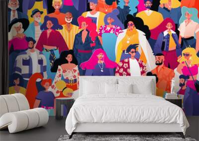 Crowd of people. Vector illustration. Concept of equality, gender diversity, absence of racist prejudices, age restrictions, healthy interaction between different people in worlwide comunity Wall mural