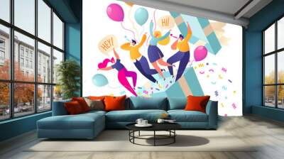 Joyful, flat characters people jump out of the gift box. Friends made a surprise. Your best gift is your friends. Confetti and balloons fly out of the box. People blow their whistles. Birthday concept Wall mural