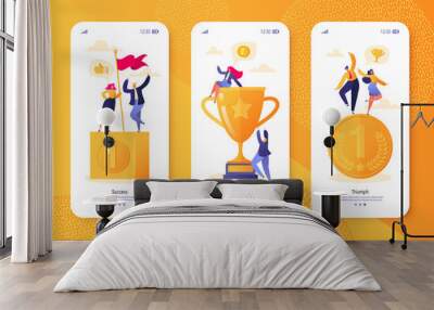 Mobile app page, screen set. Men and women celebrating victory. Business, success, teamwork, achievement, theme. Happy business people standing on the winner podium with awards gold cup and medal. Wall mural