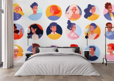 Modern stylish diverse people, nationalities, ages, smiling female and male characters of different races and ages. Set of portraits, avatars, icons with cute vector characters in flat cartoon style.  Wall mural