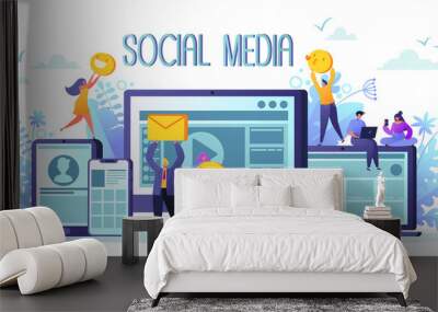 Social media networks concept. Man and woman characters chatting and blogging using mobile devices. Global internet community. Flat design and cartoon style vector Illustration. Wall mural