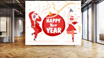 Two characters, a woman and a man, celebrate the New Year, dance and jump, dressed in festive costumes. Cute vector illustration in flat style for cartoon, greeting card, banner for social networks. Wall mural