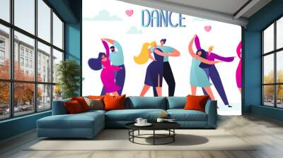 Vector illustration with flat happy dancing couples people. Dancer character male and female isolated on white background. Young men and women enjoying classical dance. Colorful vector illustration. Wall mural