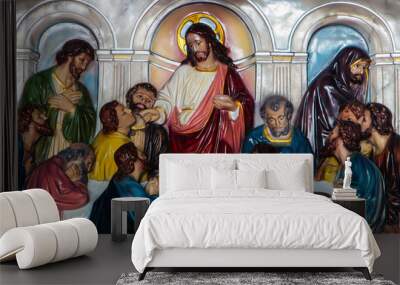 Low-stucco sculpture of The Last Supper at Saint Joseph Catholic Church, Ayutthaya Thailand Wall mural