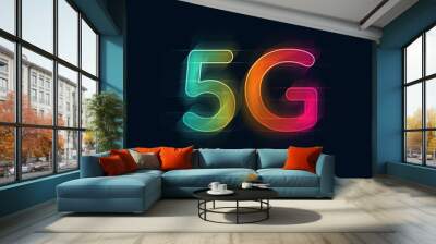 5G Standard. Colorful logotye on dark background. Rainbow. Glitch effect. Mobile communication Wall mural