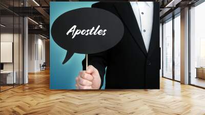 Apostles. Lawyer (Man) holds the sign of a speech bubble in his hand. Text on the label. Symbol of law, justice, judgement Wall mural