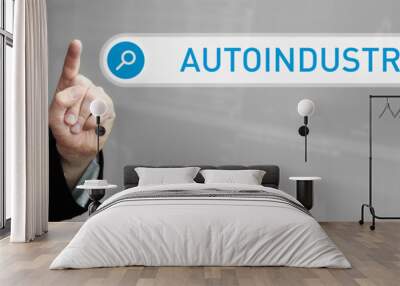 Autoindustrie. Mann im Anzug zeigt mit dem Finger auf ein Suchfeld. Der Begriff Autoindustrie steht in der Suche. Symbol für Business, Finanzen, Statistik, Analyse, Wirtschaft Wall mural