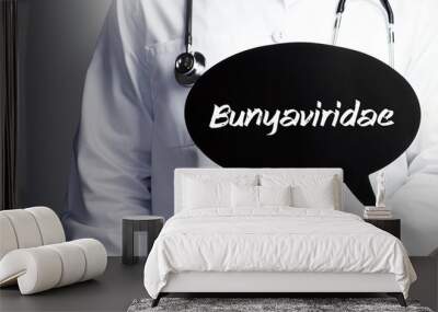 Bunyaviridae. Doctor in smock holds up speech bubble. The term Bunyaviridae is in the sign. Symbol of illness, health, medicine Wall mural