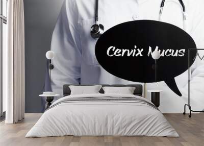 Cervix Mucus. Doctor in smock holds up speech bubble. The term Cervix Mucus is in the sign. Symbol of illness, health, medicine Wall mural