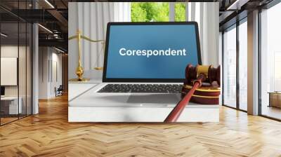 Corespondent – Law, Judgment, Web. Laptop in the office with term on the screen. Hammer, Libra, Lawyer. Wall mural