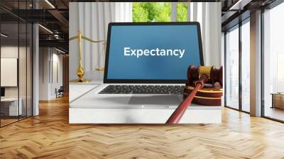 Expectancy – Law, Judgment, Web. Laptop in the office with term on the screen. Hammer, Libra, Lawyer. Wall mural