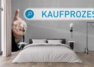 Kaufprozess. Mann zeigt mit Finger auf Suchfeld im Internet. Blaues Wort steht in der Suche. Konzept für Business, Finanzen, Statistik Wall mural