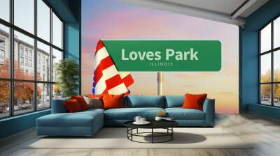 Loves Park – Illinois. Road or Town Sign. Flag of the united states. Sunset oder Sunrise Sky. 3d rendering Wall mural