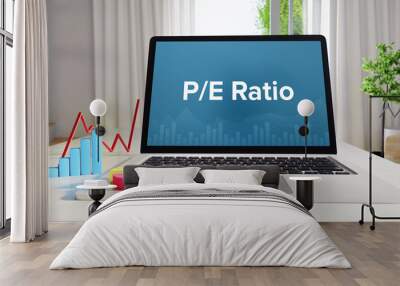 P/E Ratio – Statistics/Business. Laptop in the office with term on the display. Finance/Economics. Wall mural