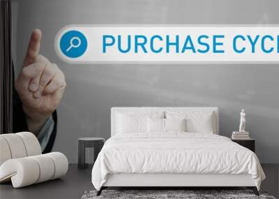 Purchase Cycle. Man in a suit points a finger at a search box. The word Purchase Cycle is in the search. Symbol for business, finance, statistics, analysis, economy Wall mural