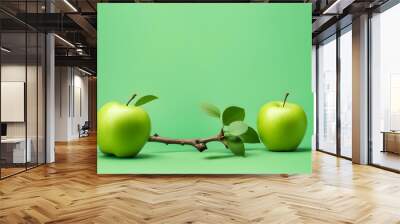 Beautiful branch with two green apple on a green background.  Wall mural