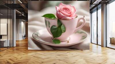 Summer pink roses in a small cute cup on saucer decorated with linen cloth Wall mural