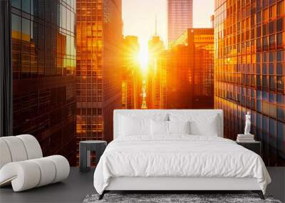 An image of the sun rising over an urban skyline, casting a warm glow on skyscrapers and city streets, symbolizing the beginning of a new day filled with possibilities and opportunities Wall mural